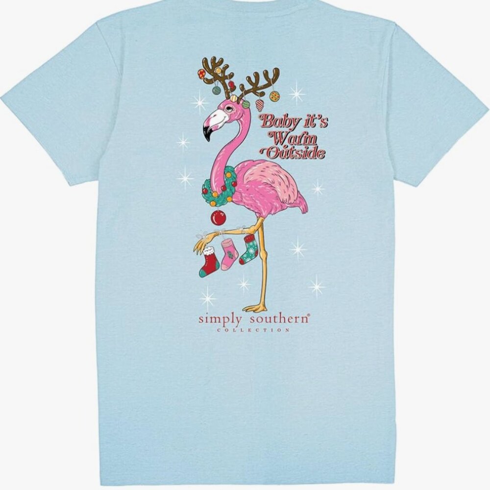 Simply Southern Baby It's Warm Outside  Flamingo Christmas - Adult T-Shirt M
